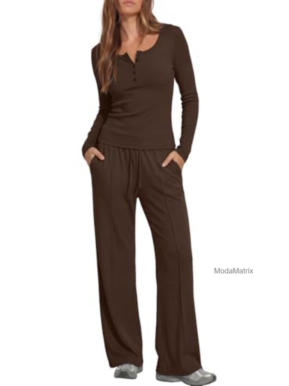 Womens 2 Piece Lounge Set Ribbed Cotton Henley Top Wide Leg Pants Travel